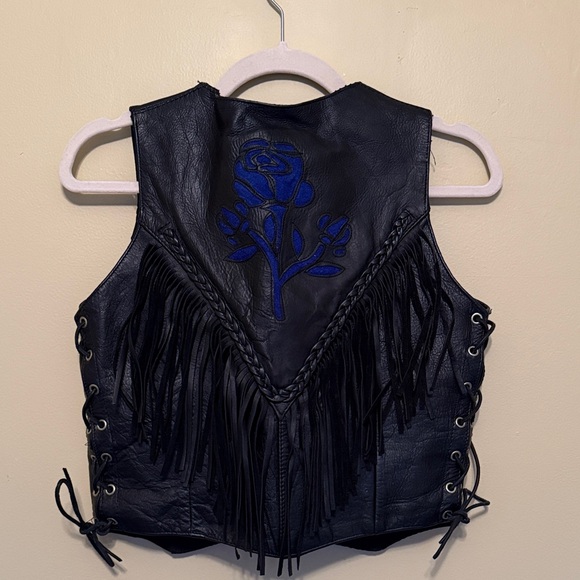 Unik Genuine Black Leather Vest with Blue Embroidery & Fringe - Picture 2 of 3